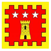 Gules, a tower Or and in chief three mullets argent within a bordure embattled Or 