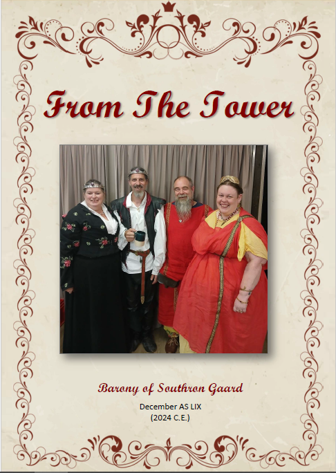 Cover of the December issue of From the Tower featuring a picture of Baroness Alexandra and Baron Grim (wearing black and white), and THL Angus and Maestra Joana (wearing red and yellow). 