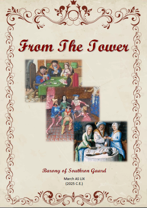 Cover of the March 2025 issue of From the Tower, showing 16th Century images of groups of people playing cards and dancing.