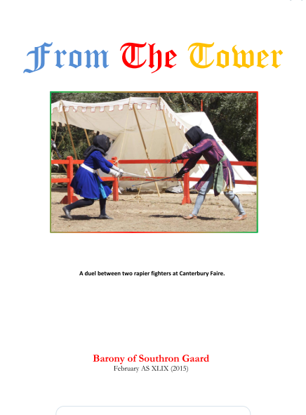 Cover of the February 2015 issue of From the Tower featuring two rapier fighters in front of white canvas tent