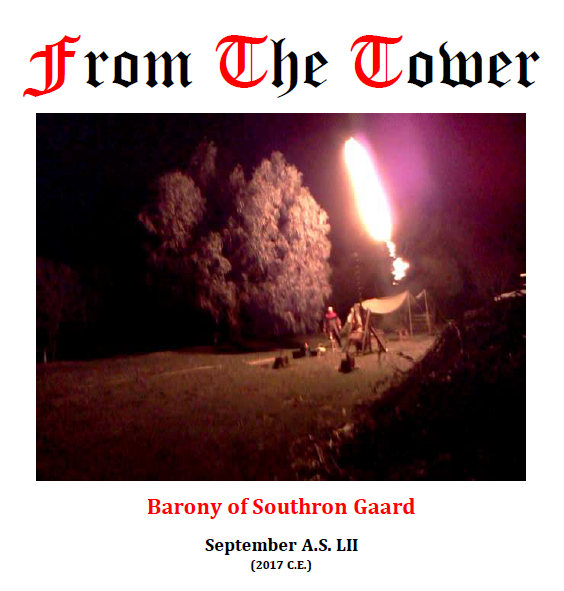 Cover of the September 2017 issue of From the Tower showing a successful launch from the trebuchet at Fiery Knights