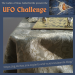 UFO Challenge IG post showing Isabel Maria's green brocade tablecloth with the gold fringed hem